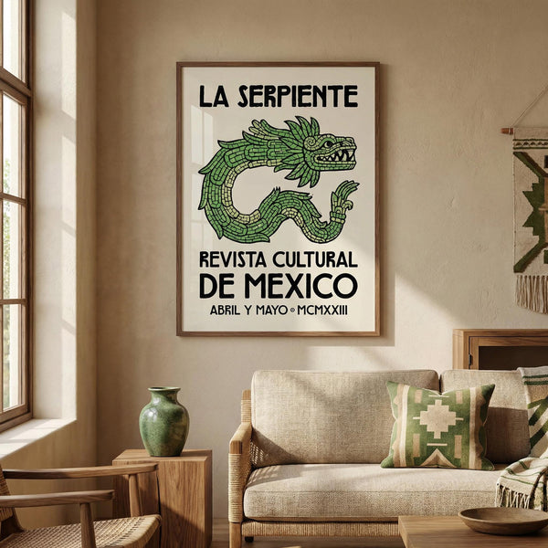 Framed poster of a green serpent with text on a wall in a living room.