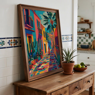 Color-splashed architecture and plants in this Mexican street art design.