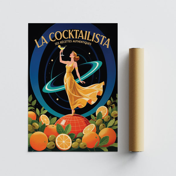 Framed bar art idea with bold cocktail theme and golden dress.