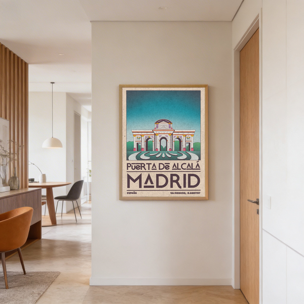 Displaying Spanish travel poster wall art with Puerta de Alcalá facade and oversized city name text