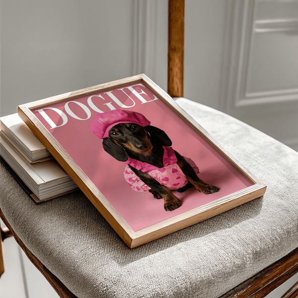 Pink-inspired Fashion Dachshund Wall Art print with black and brown dog for kids’ room