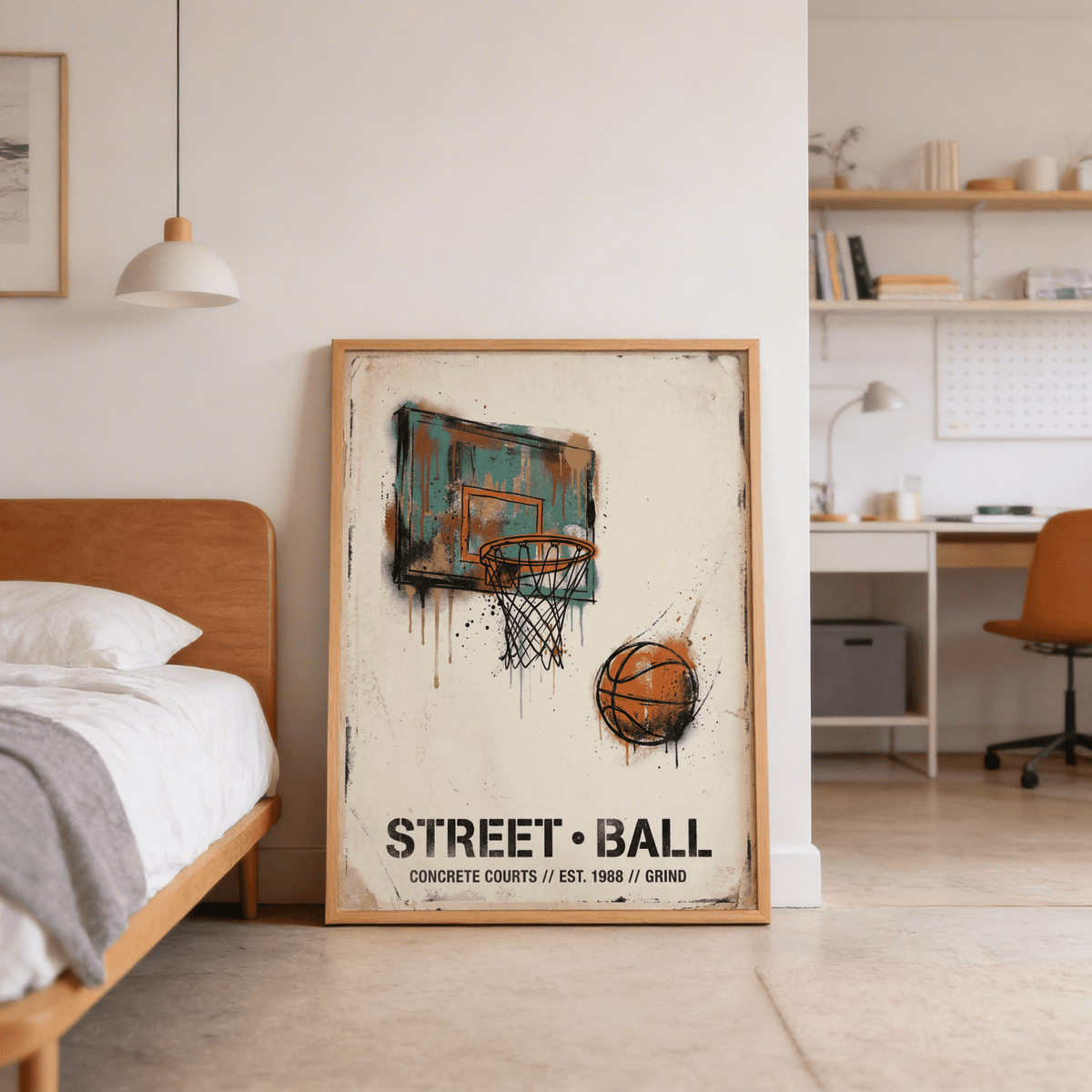 Graphic Street Basketball Art Print with backboard, dripping paint effects, and basketball