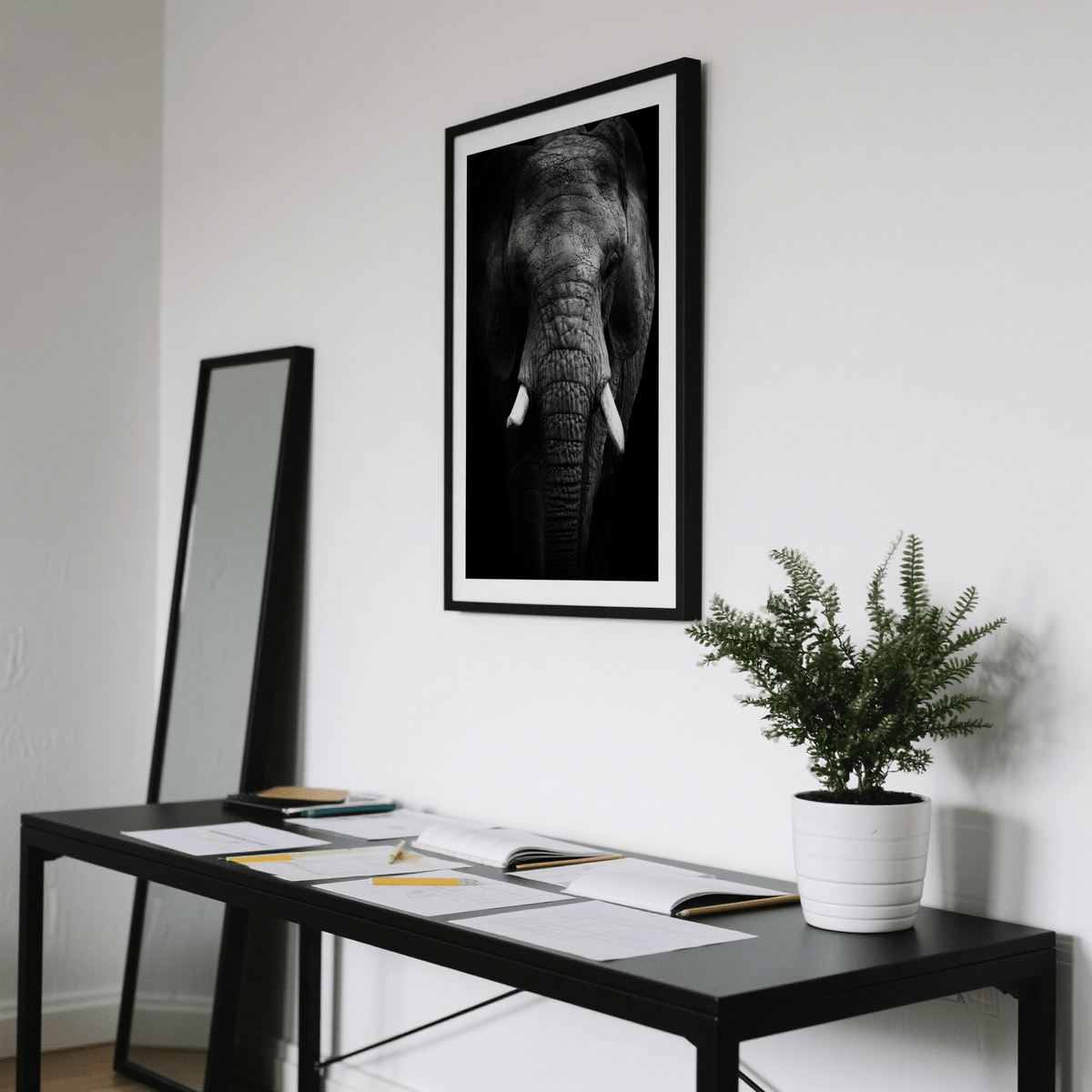 Wildlife elephant portrait wall art print with high-contrast shadows