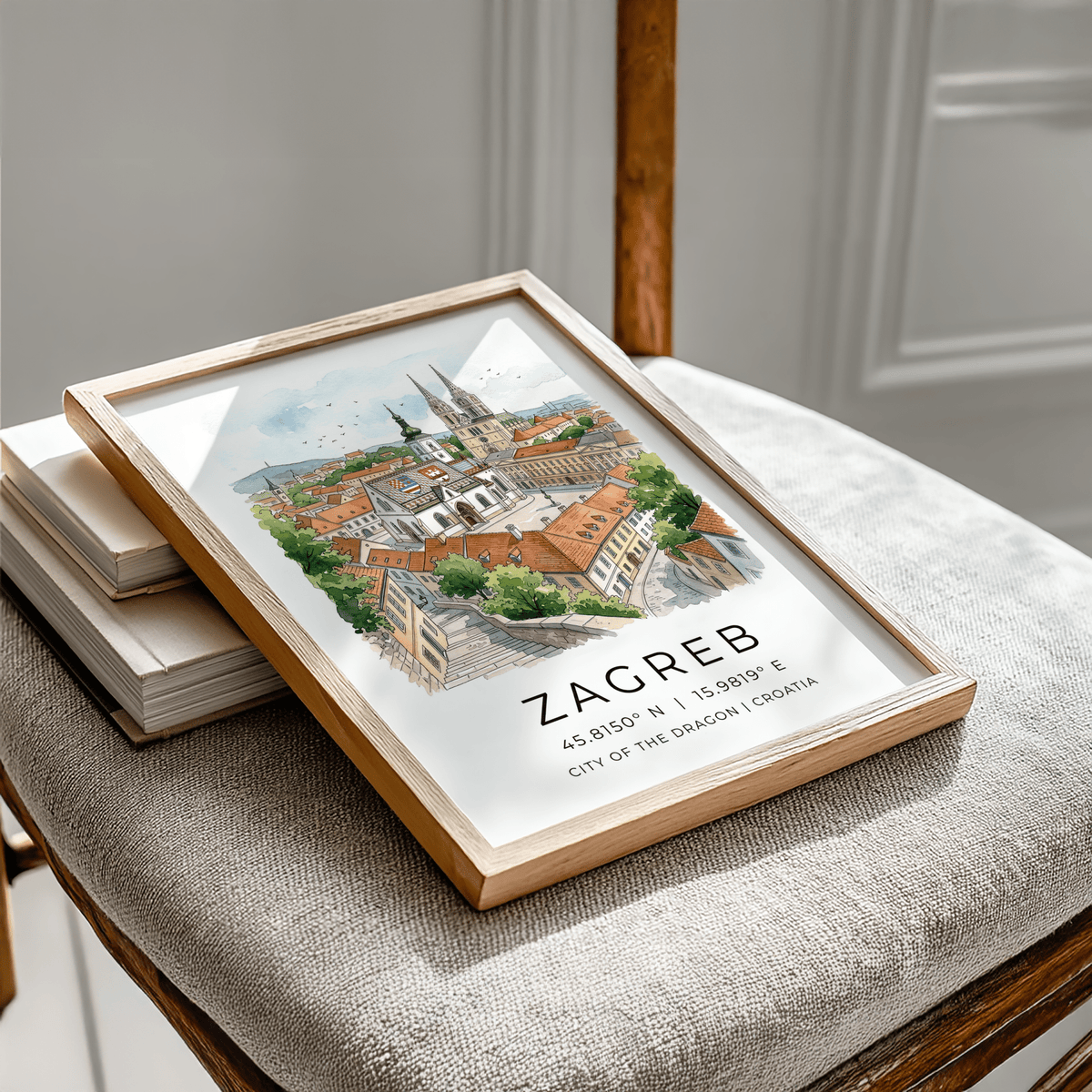 Detailed architectural wall art print featuring a church facade, patterned roof tiles, and surrounding rooftops