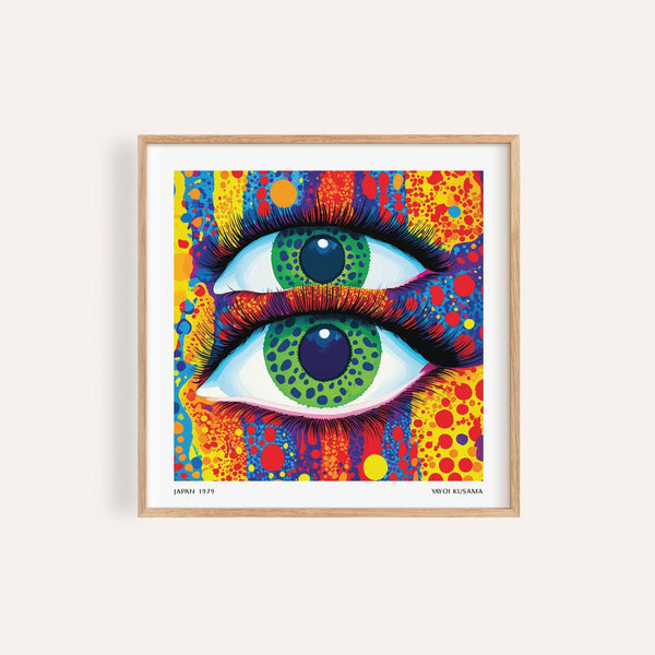 Colorful pop art print with surreal eyes and dotted design for bold interiors