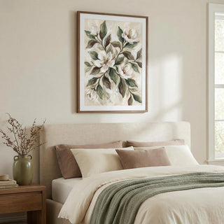 Decorative floral painting above a bed in a bedroom