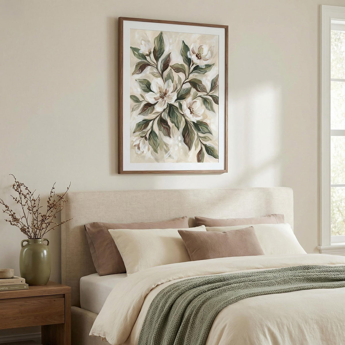 Decorative floral painting above a bed in a bedroom