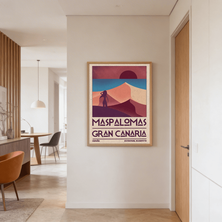 Maspalomas Vintage Wall Art framed print of sand dunes with pink and blue hues hanging in a hallway