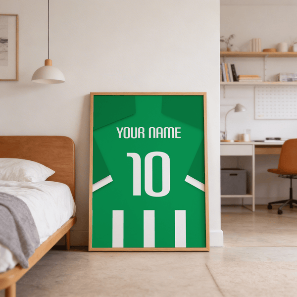 Depicting the Real Betis Football Shirt Poster as a minimalist jersey-back print with bold number and sleeve shapes
