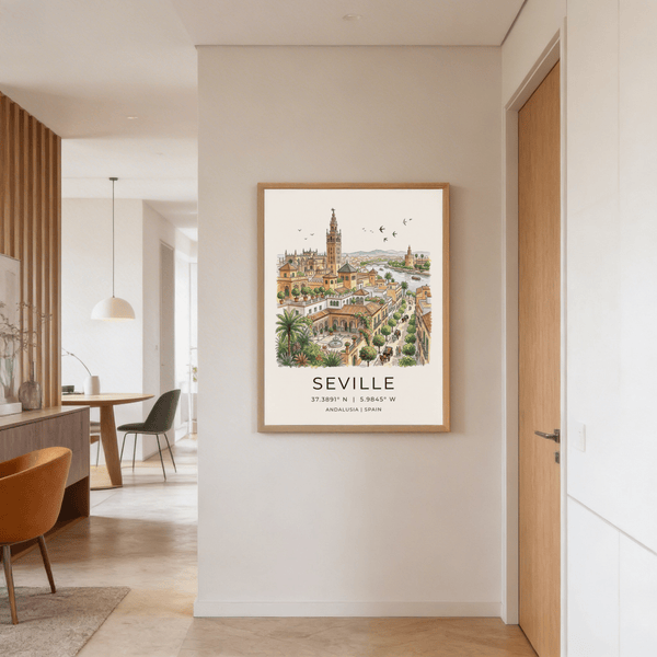 Landscape-style travel wall art print of Seville with streets, carriages, and greenery