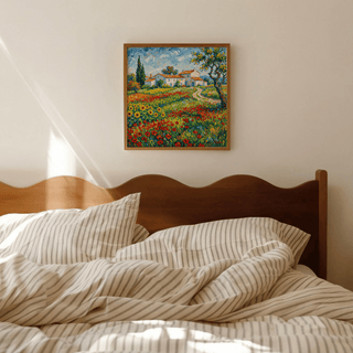 Van Gogh Painting countryside art print featuring Blue, Red, and Green shades for a bedroom setting