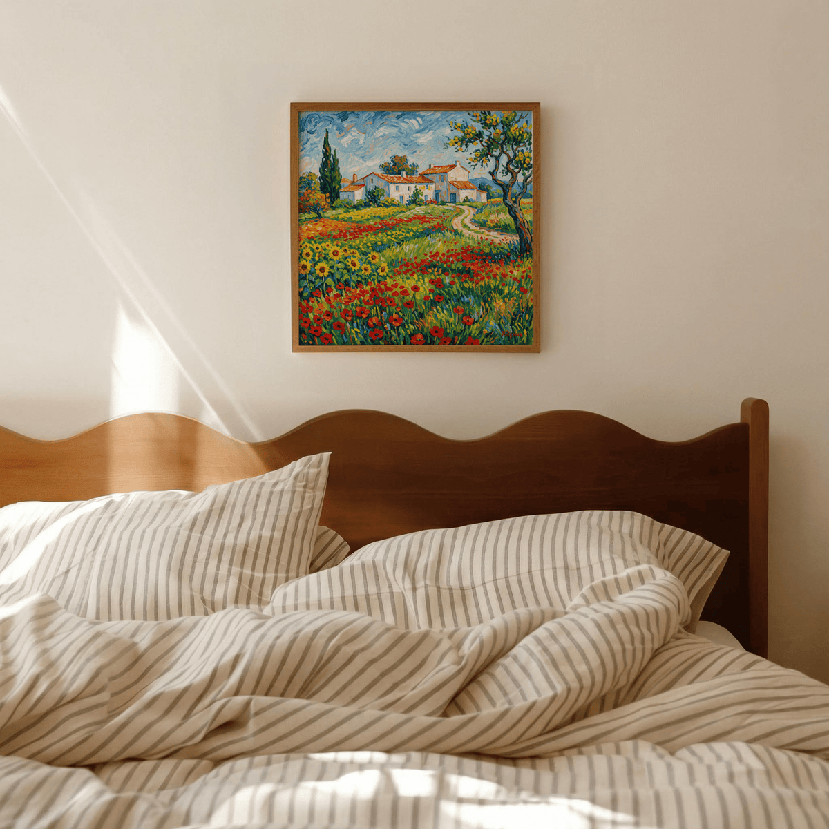 Van Gogh Painting countryside art print featuring Blue, Red, and Green shades for a bedroom setting