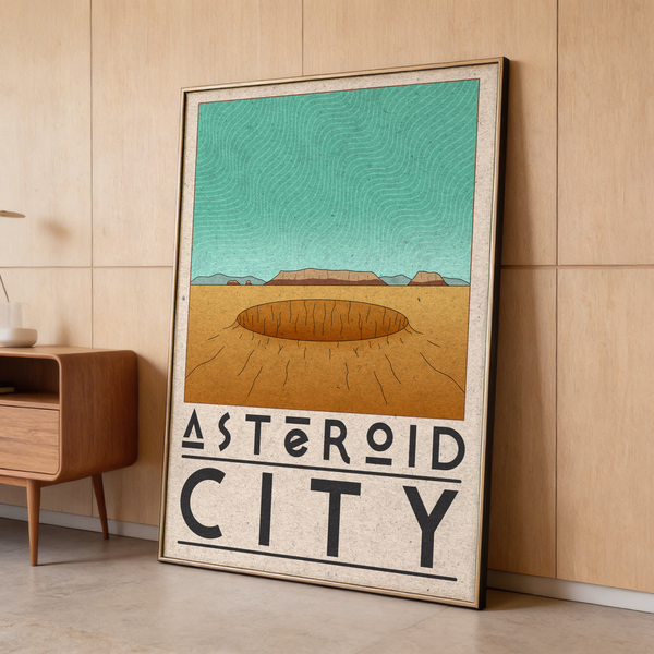 Depicting Asteroid City Poster poster design with retro lettering and horizon line