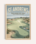 View of links course with dunes and town skyline wall art poster