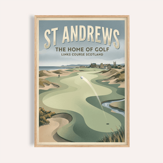 View of links course with dunes and town skyline wall art poster