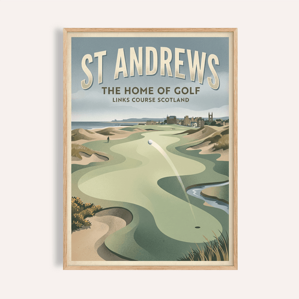 View of links course with dunes and town skyline wall art poster
