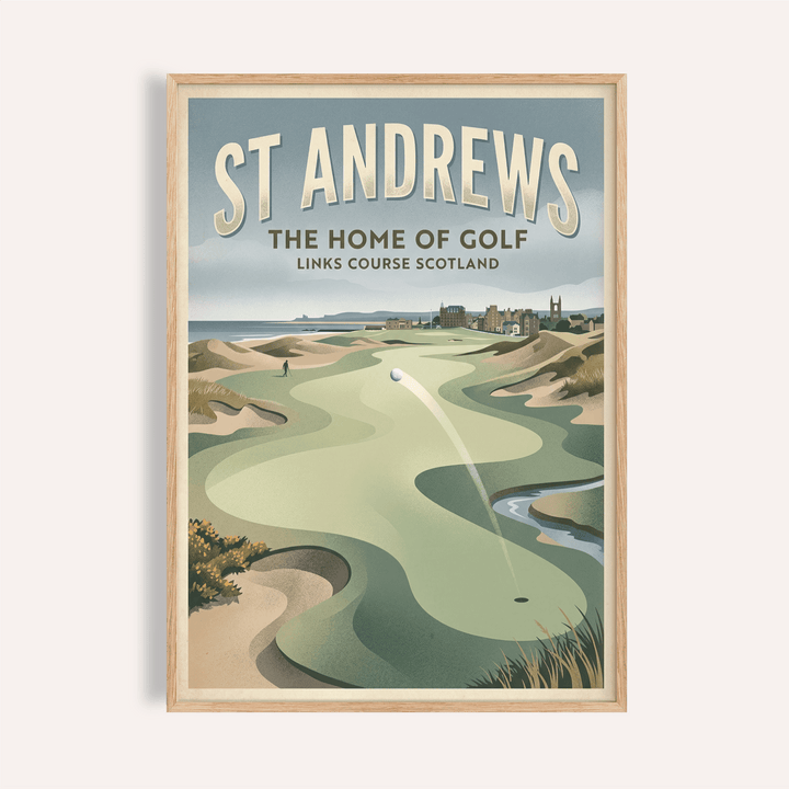 View of links course with dunes and town skyline wall art poster