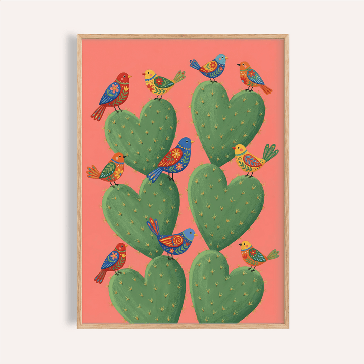 Cactus Heart Poster in pink and green for living room wall art