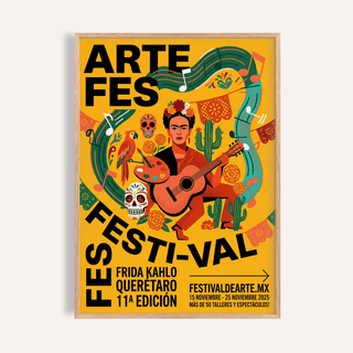 Frida Kahlo Art Print with guitar portrait and festival typography
