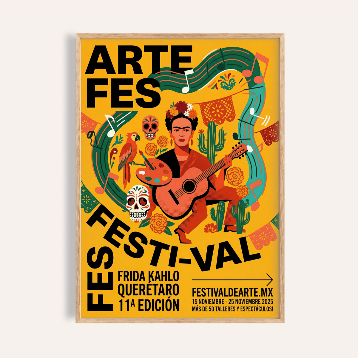Frida Kahlo Art Print with guitar portrait and festival typography