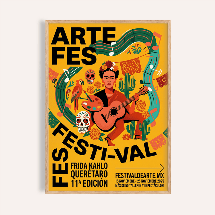 Frida Kahlo Art Print with guitar portrait and festival typography