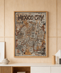 Showcasing Mexico City map poster with labeled districts, roads, and landmark icons wall art