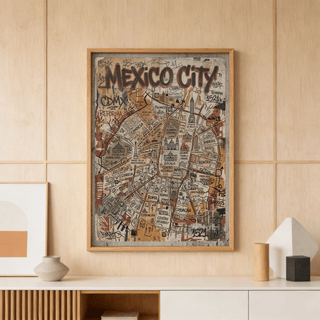 Showcasing Mexico City map poster with labeled districts, roads, and landmark icons wall art