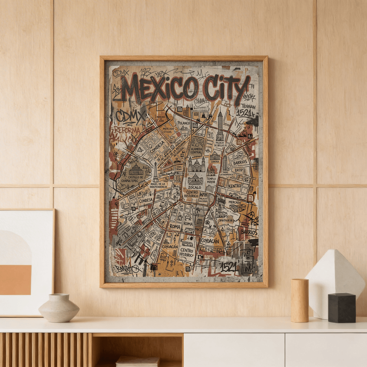 Showcasing Mexico City map poster with labeled districts, roads, and landmark icons wall art