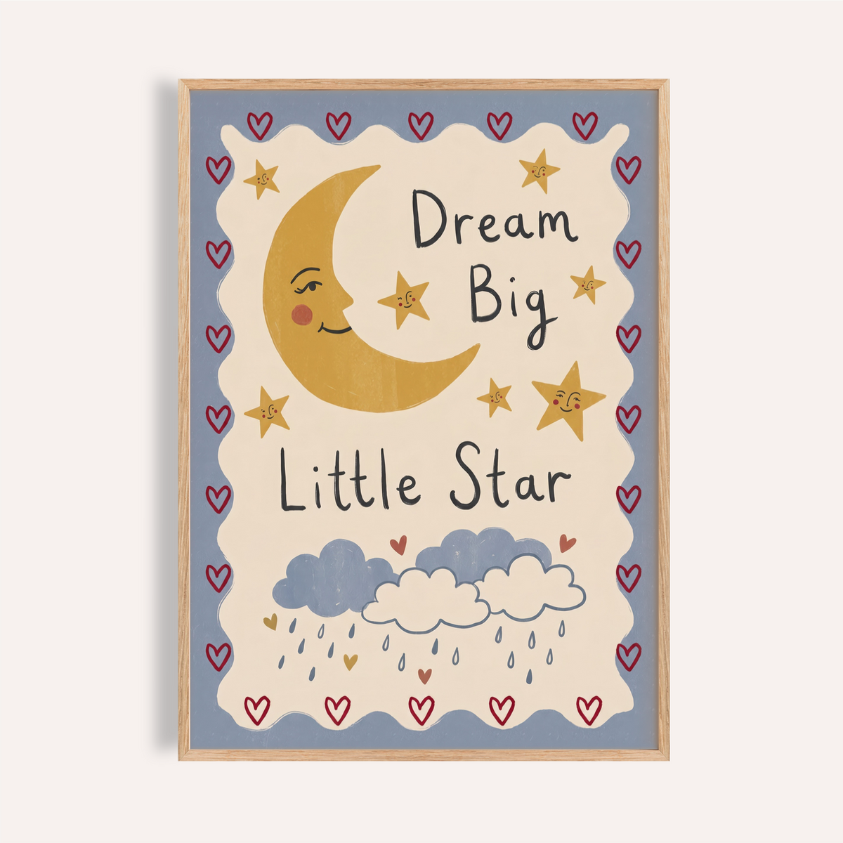Dream Big Poster with crescent moon and playful stars on white background