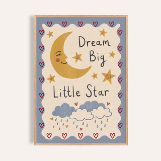 Dream Big Poster with a smiling crescent moon and stars in yellow and blue illustration