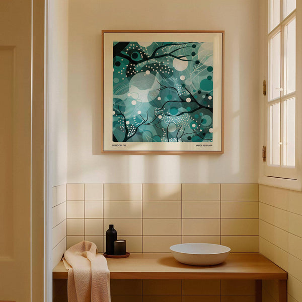 Home office with calming teal home decor nature print