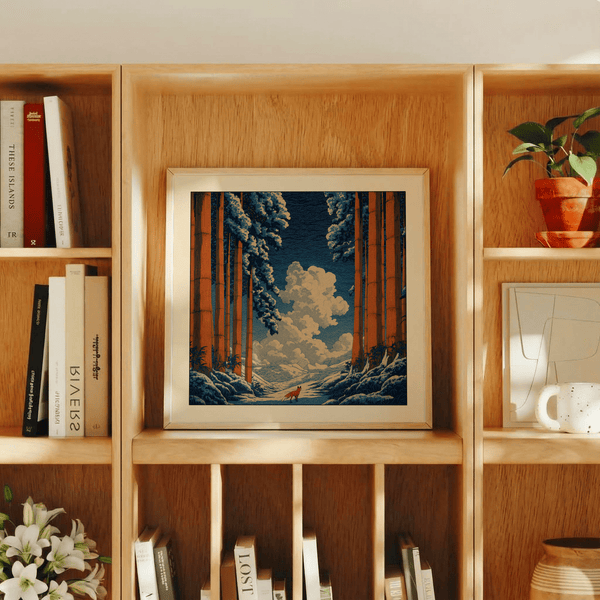 Snowy woodland poster with tall trunks and fox on winding path