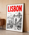 Showing Lisbon tram on tracks beside historic buildings, Lisbon Travel Art print poster