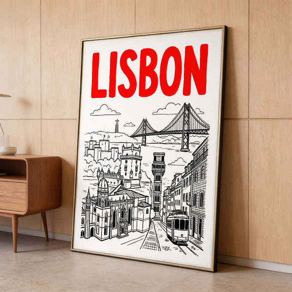 Showing Lisbon tram on tracks beside historic buildings, Lisbon Travel Art print poster