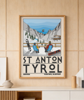 Foreground snowboard in ski resort wall art poster with seated riders