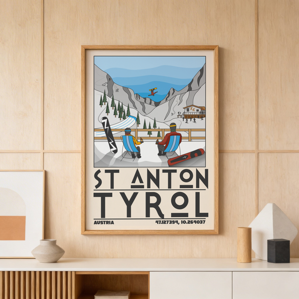 Foreground snowboard in ski resort wall art poster with seated riders