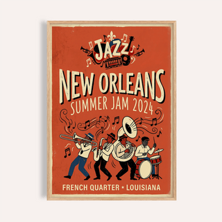 New Orleans Jazz Print with brass band illustration and floating notes