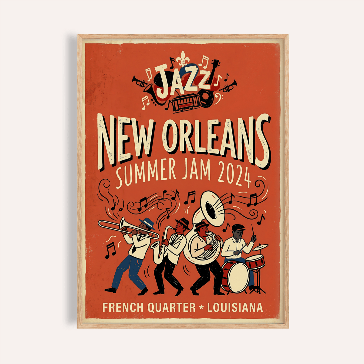 New Orleans Jazz Print with brass band illustration and floating notes