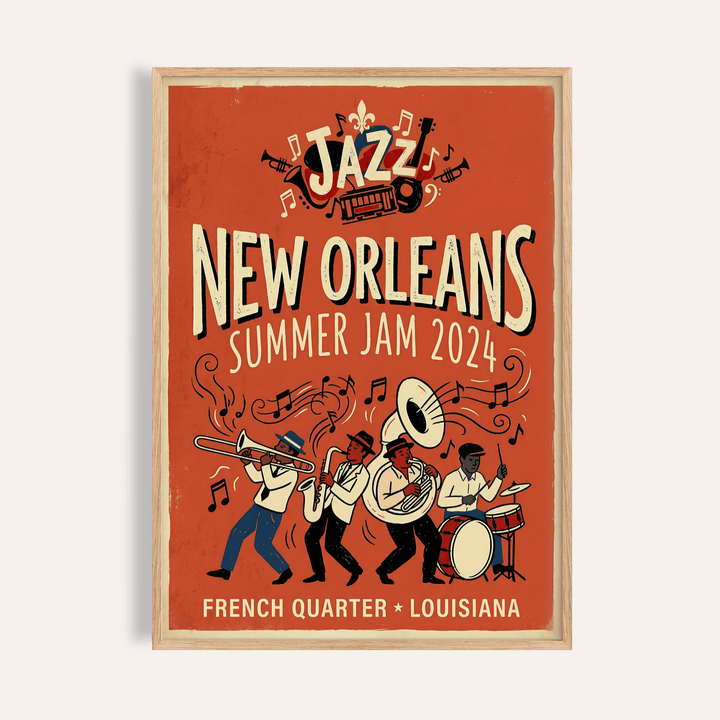New Orleans Jazz Print with brass band illustration and floating notes