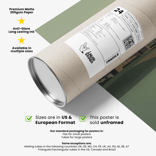 Large driver and ball wall art print with clubhouse in background and simplified fairway curves