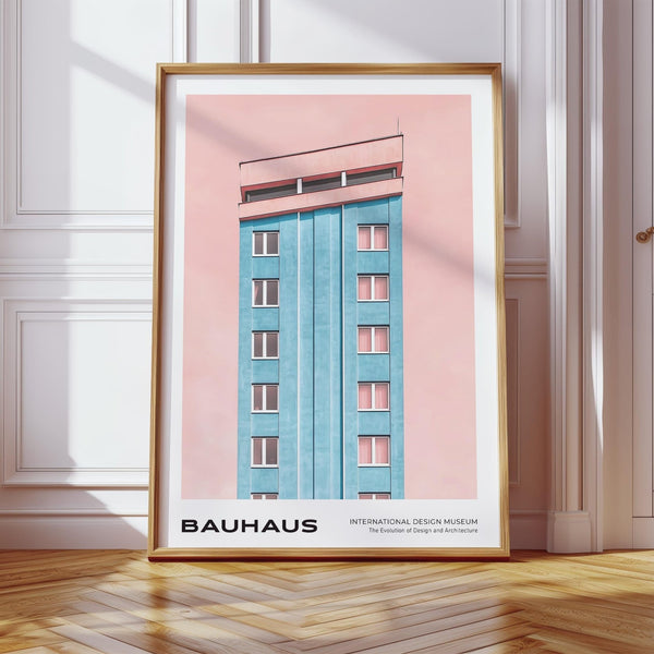 Mid century modernist art print of a blue Bauhaus tower with pink sky.