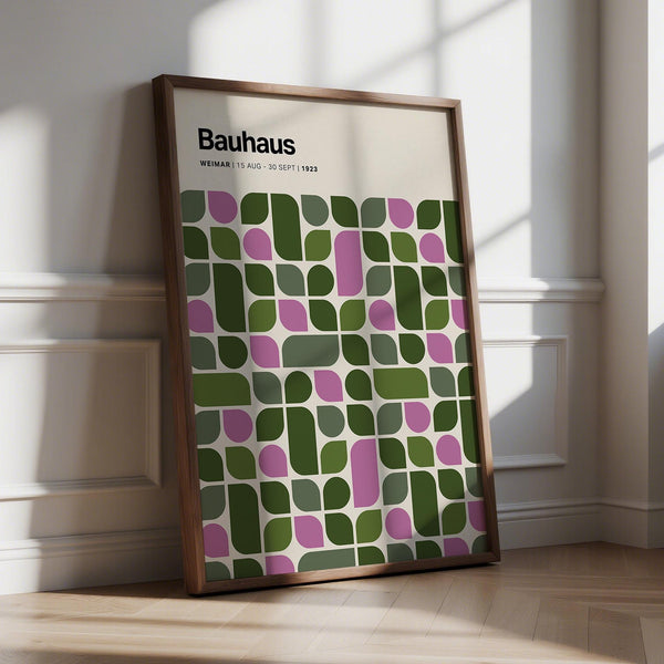 Bauhaus Exhibition 1923 print with olive green and mauve geometric design.
