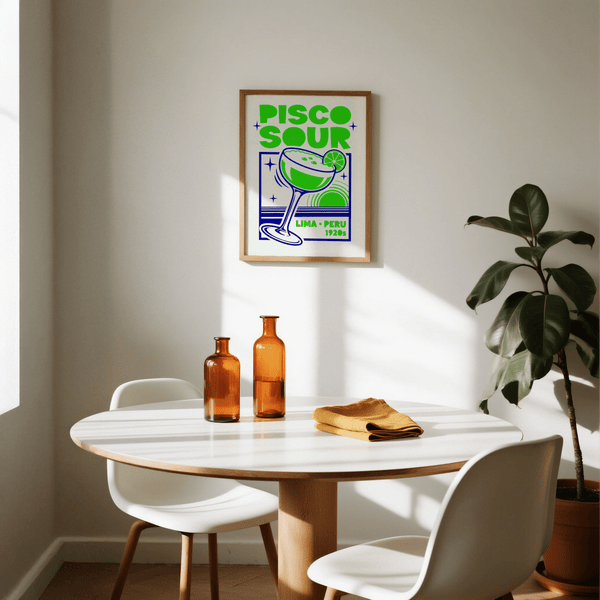 Pisco Sour Wall Art with bold Blue accent, great for dining space print