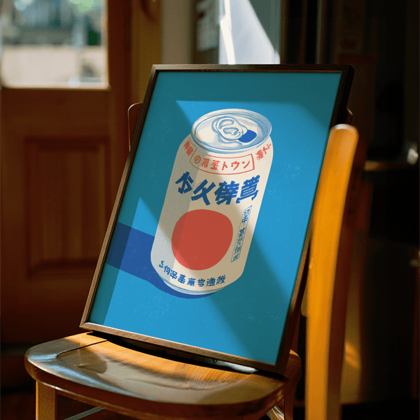 Japanese Soda Print wall art for living room with vibrant blue and red