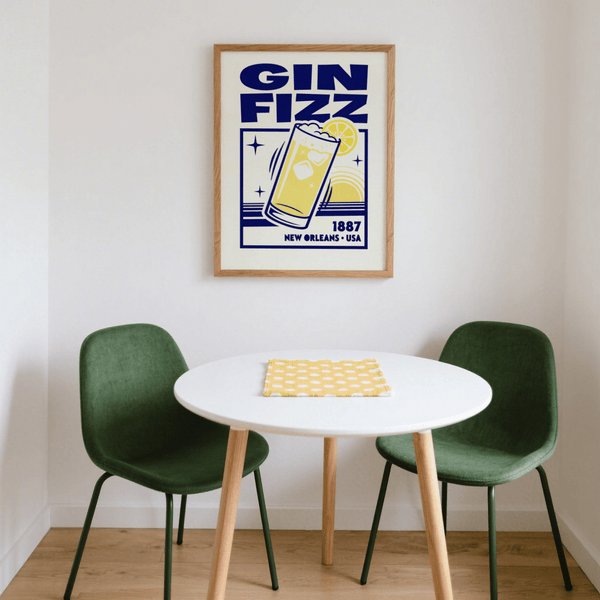 Vintage Gin Fizz Print with Blue and Yellow colors, home office poster