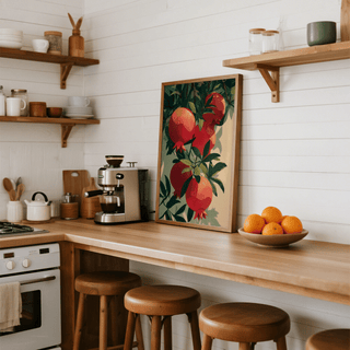 Pomegranate Art Print featuring vivid red tones in living room decor
