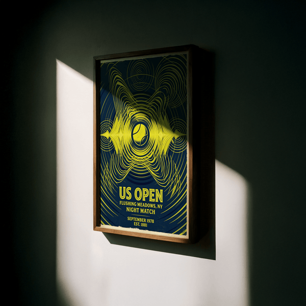 Centered Us Open Art Print poster with tennis ball motif, concentric rings, and event lettering