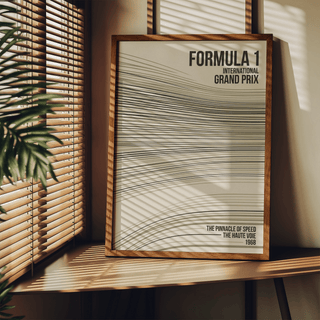 Minimalist automobile racing poster in green beige black palette