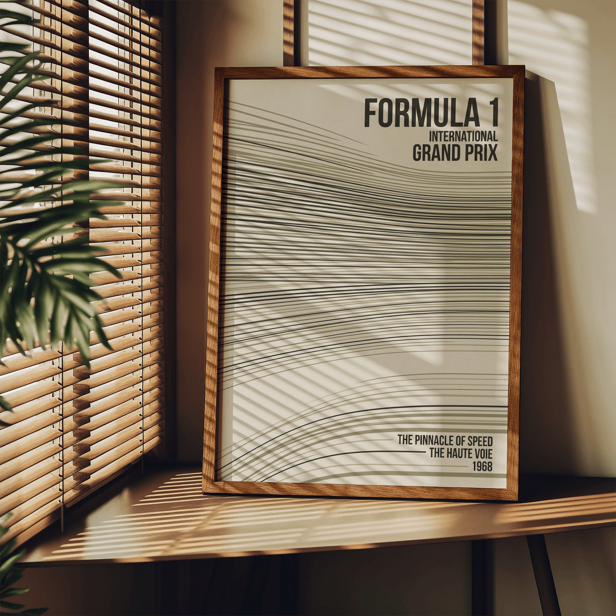 Minimalist automobile racing poster in green beige black palette