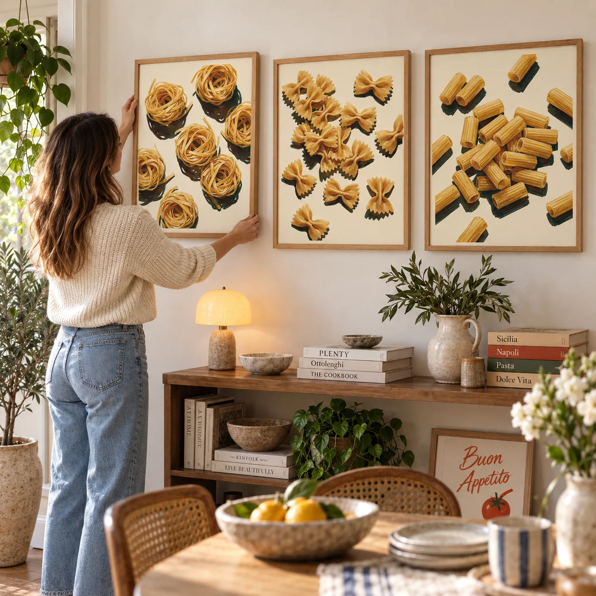 A woman arranging framed fettuccine, farfalle and rigatoni prints above a wooden shelf in a sunny dining room. Frames not included.